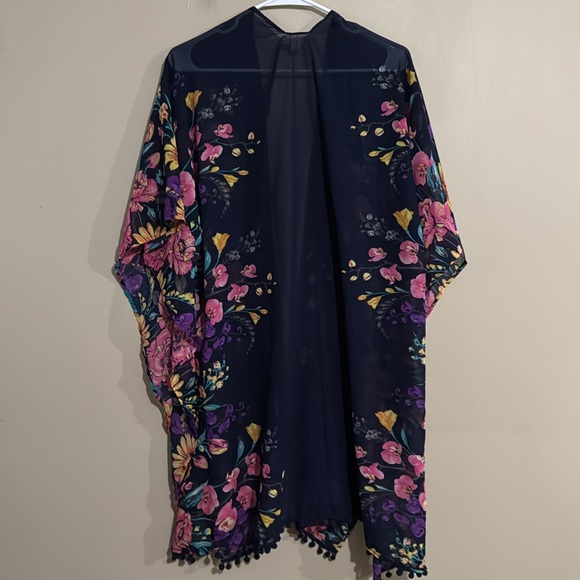 Pinky Navy Blue Sheer Kimono Women's One Size Floral, Beach, Vacation, Summer - Picture 4 of 8